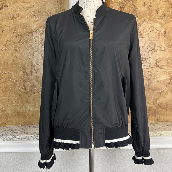 Scotch & Soda Black Alpine Clash Bomber Jacket Black Ruffle Trim Women's Medium - Picture 1 of 11